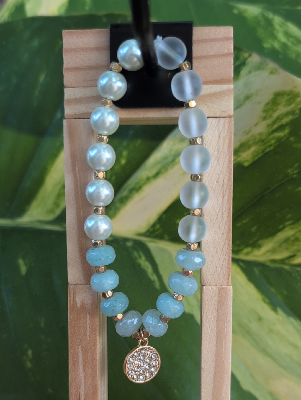 Gold-Tone Pearl & Aqua Bead Stretch Bracelet with Crystal Disc